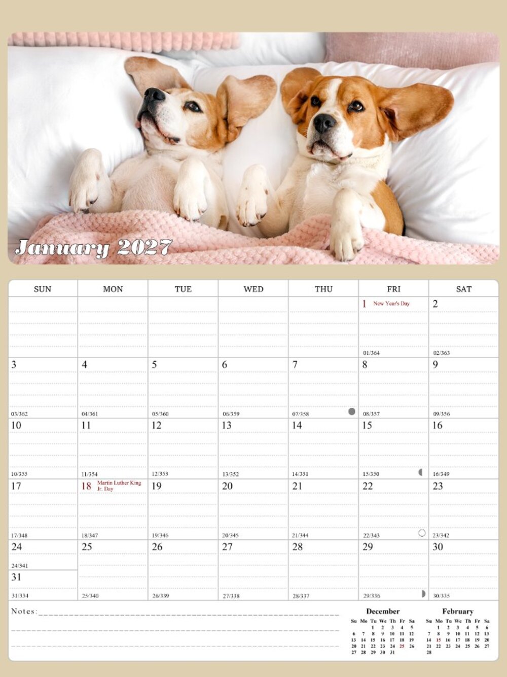 2027 Calendar Magnetic Peel & Stick 12 Months 8.5" x 11" Dogs